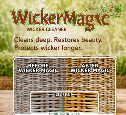 Wicker Magic logo, product benefits and actual before-and-after photo